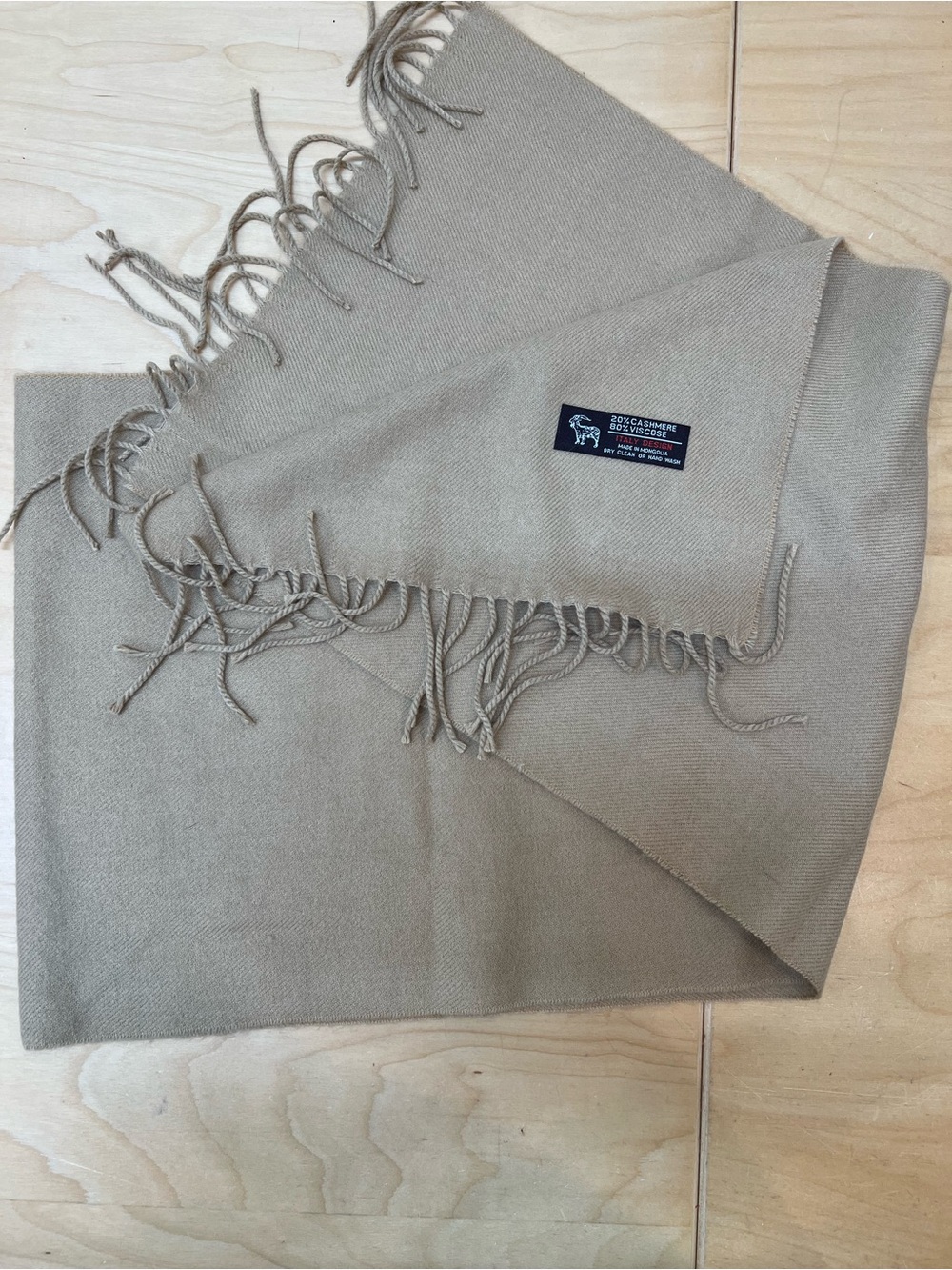 Camel Fringe Scarf  cashmere blend wool 67”X13”